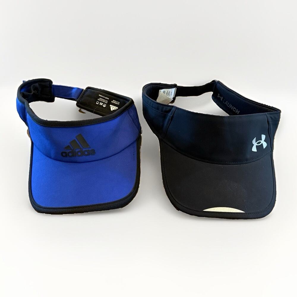 Lot Of 2 Adidas Under Armour Black Blue Climalite Launch Strapback Visor Hat Cap